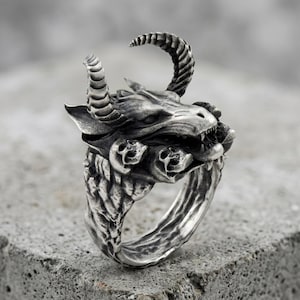 Baphomet Goat Head Ring: Oxidized Sterling Silver Statement Jewelry