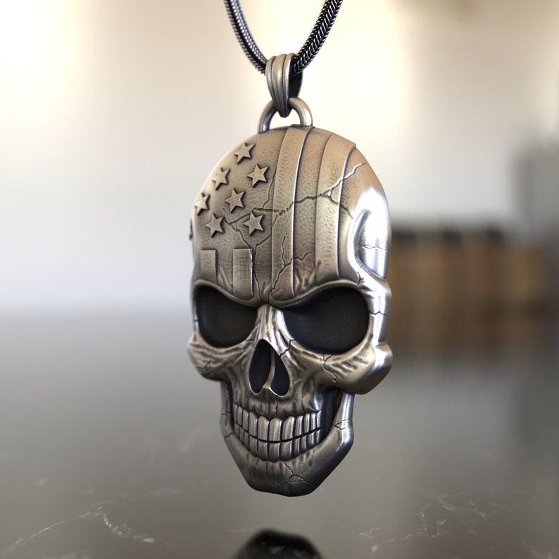 Skull with American Flag (Left Side) Pendant, 925 Sterling Silver Necklace, Patriotic Spirit, Handcrafted Art, Unique Design, Freedom Symbol image 2