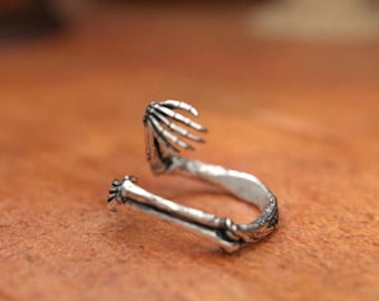 Skeleton Hands Ring 925 Sterling Silver | Adjustable Bone Arms Band | Gothic Macabre Jewelry | Anatomical Hug Statement Ring