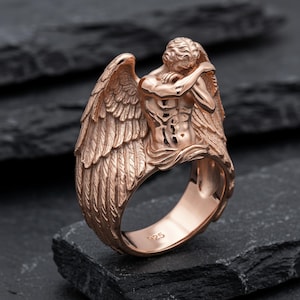 Bague ange pleureur, argent sterling 925 or vermeil, anneau sculpture ange déchu, bijoux gothiques pour homme Rose Plated Silver