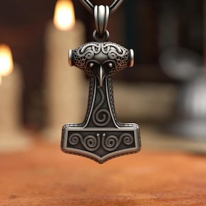 Viking Mjolnir Necklace, Thor&#39;s Hammer Pendant, Personalized Runes, 925 Sterling Silver, Norse Mythology Jewelry, Strength Amulet