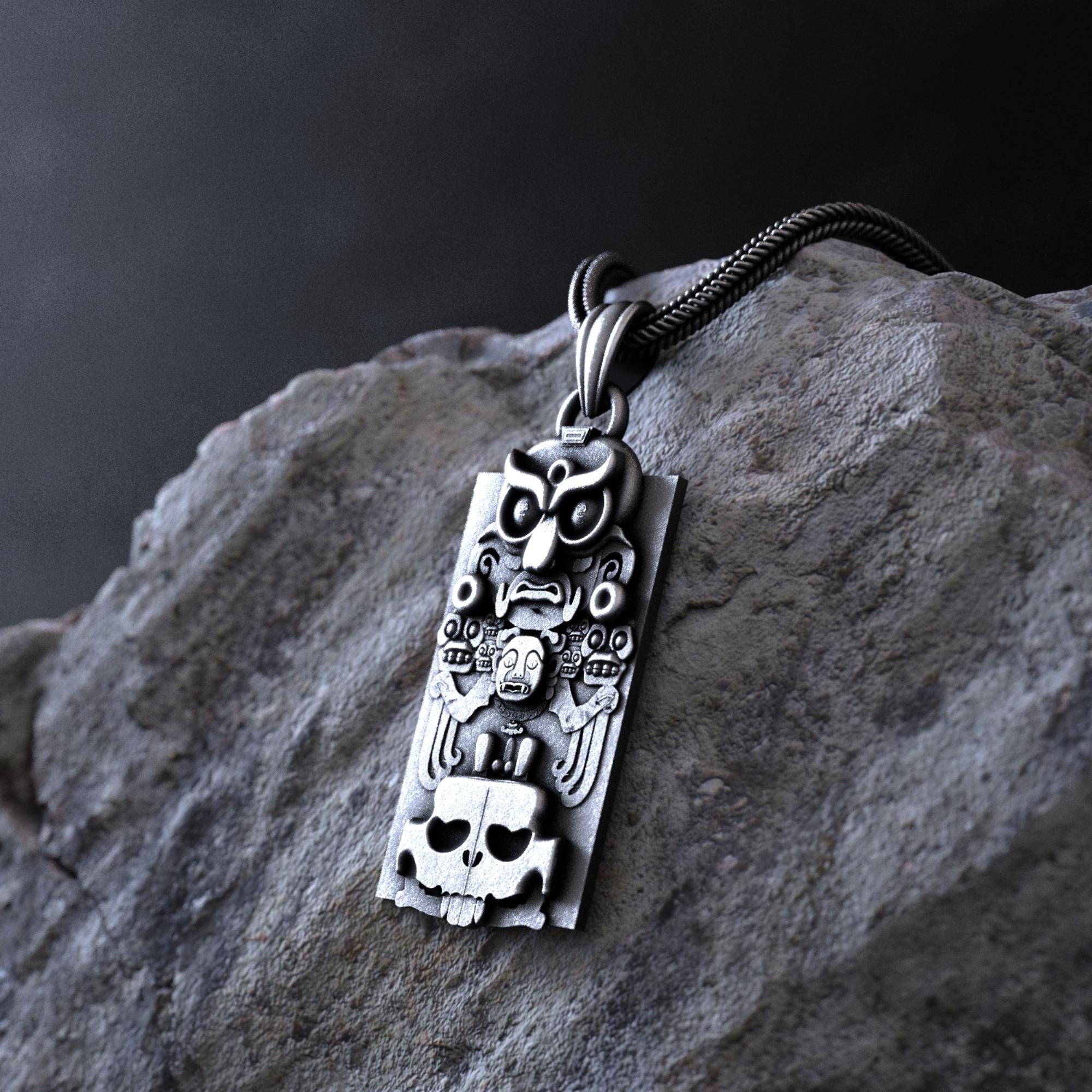 Aztec Maya Mask Totem Necklace 925 Sterling Silver, Mesoamerican
