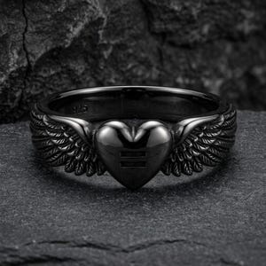 Equality Angel Wings Heart Ring in 925 Sterling Silver, Oxidized Gothic Band, Handcrafted Gift Black Rhodium Plated
