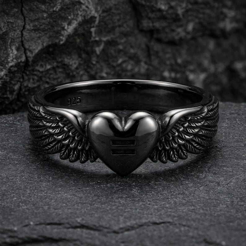 Equality Angel Wings Heart Ring in 925 Sterling Silver, Oxidized Gothic Band, Handcrafted Gift Black Rhodium Plated