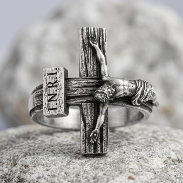 925 Sterling Silver Ring, Jesus Christ Crucifix Cross, Christian Catholic Faith Emblem, Handmade Religious Jewelry, Spiritual Keepsake