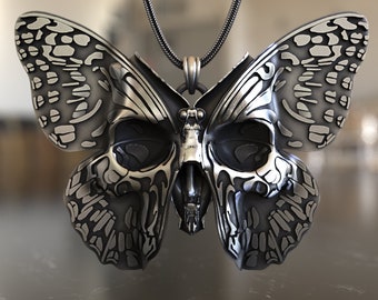 Butterfly with Skull 925 Sterling Silver Necklace - Intricate Design, Symbolic Jewelry, Perfect for Nature & Gothic Style Enthusiasts