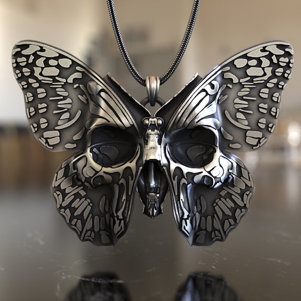 Schmetterling mit Schädel 925 Sterling Silber Halskette - Kompliziertes Design, symbolischer Schmuck, perfekt für Natur & Gothic Style Enthusiasten