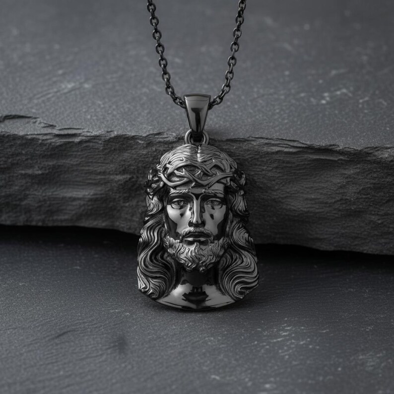 Jesus Christ Face Pendant 925 Sterling Silver Oxidized Finish Crown of ...