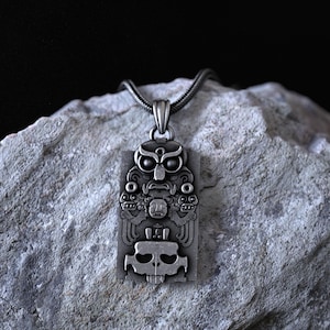 Aztec Maya Mask Totem Necklace 925 Sterling Silver, Mesoamerican Skull Pendant, Unique Tribal Warrior Jewelry, Ethnic Symbolic Charm for Men
