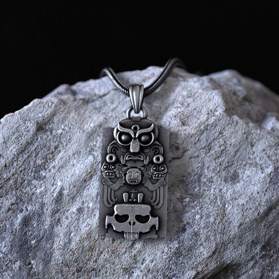 Aztec Maya Mask Totem Necklace 925 Sterling Silver, Mesoamerican