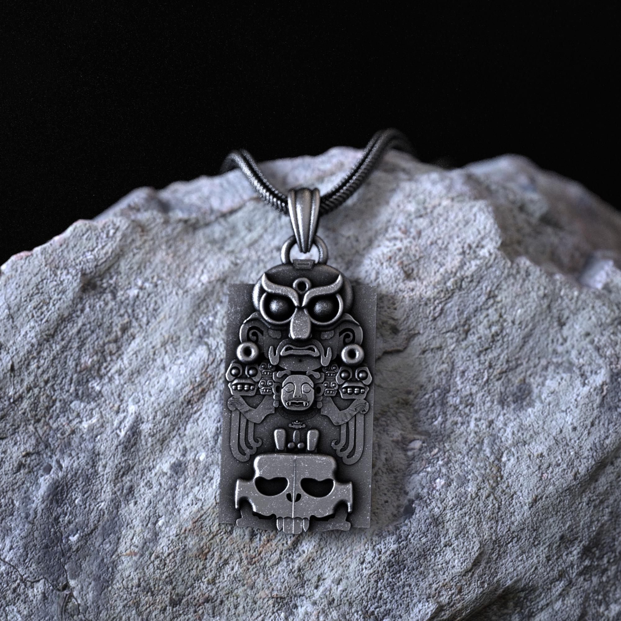 Aztec Maya Mask Totem Necklace 925 Sterling Silver, Mesoamerican 