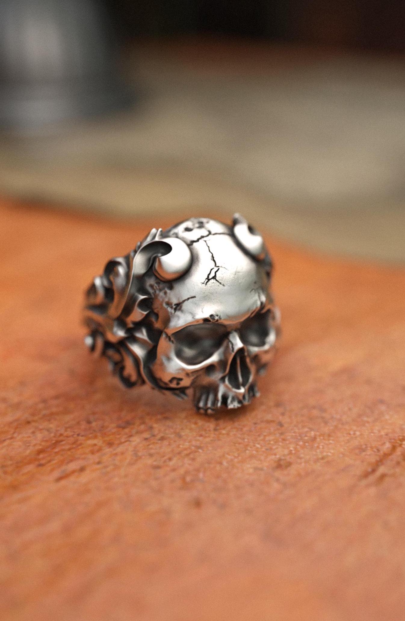 男性用スカル装飾リング 925スターリングシルバー ハンドメイド