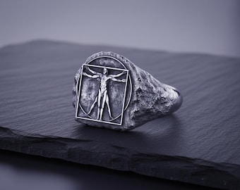 Vitruvian Man Signet Ring 925 Sterling Silver Oxidized Finish Renaissance Art Da Vinci Jewelry Men