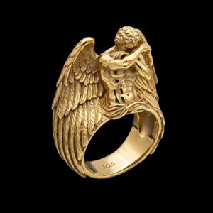 Bague ange pleureur, argent sterling 925 or vermeil, anneau sculpture ange déchu, bijoux gothiques pour homme image 2
