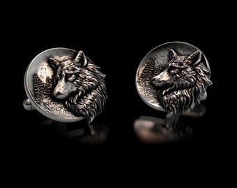 Wolf Cufflinks Sterling Silver 925 - 3D Wolf Head Forest Moon Cufflinks - Handmade Wildlife Nature Mens Gift