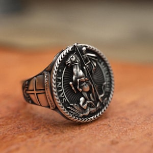 Saint George Ring 925 Sterling Silver | Handcrafted Dragon Slayer Knight Ring | Religious Medal Signet Ring | Christian Jewelry