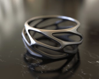 Parametrisch ontwerp handgemaakte Sterling zilveren mannen brutale ring, zilveren mannen trouwring, mannen trouwring, ornament mannen ring minimalistische ring