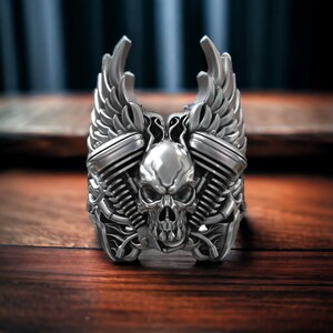 Skull Engine Moto Fire Ring 925 Sterling Silver Harley Inspired Auto Wings Design Ride in Style Statement Biker Jewelry Limited Edition image 4