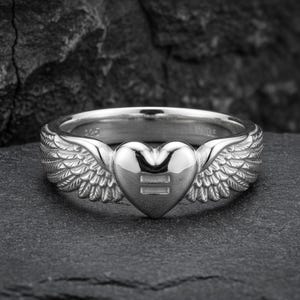 Equality Angel Wings Heart Ring in 925 Sterling Silver, Oxidized Gothic Band, Handcrafted Gift Polished Silver