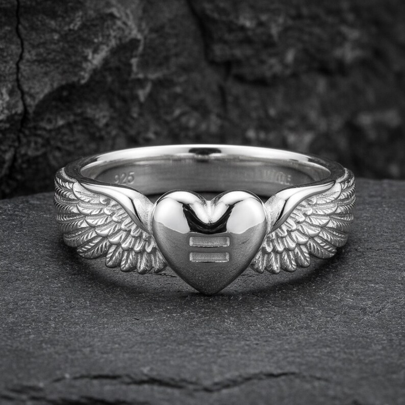 Equality Angel Wings Heart Ring in 925 Sterling Silver, Oxidized Gothic Band, Handcrafted Gift Polished Silver