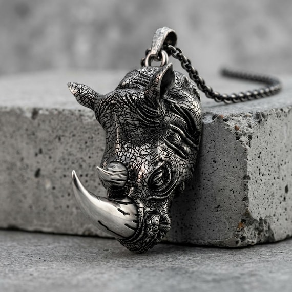 Rhino Head Pendant Sterling Silver 925 Textured Wildlife Animal