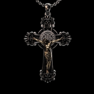 Benedict Cross Necklace Sterling Silver 925, Saint Benedict Medal Bronze Detail, Catholic Protection Pendant