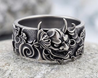 925 Sterling Silver Hannya Kabuki Oni Mask - Traditional Japanese Pattern Wedding Band – Exquisite Noh Theater Inspired Bridal Jewelry
