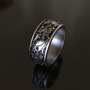 Carp and Waves Silver Men Band, Silver Ornament Ring, Stylish Men Rings, Carp and Waves Japanese Motifs Handmade Sterling Silver Men Ring