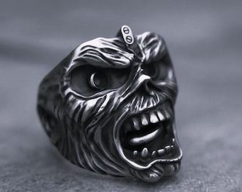 Iron Maiden Siegelring, 925 Sterling Silber, Edelstein Augen, Heavy Metal Band Schmuck, Rock Musik Fan Geschenk, Unisex Gothic Ring