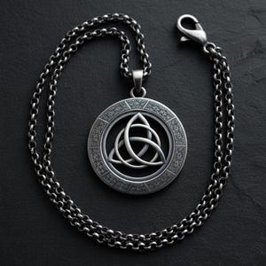 Op de afbeelding: Zilverkleurige hangerketting met een Keltisch knoopontwerp. De hanger, met zijn ingewikkelde knoopwerk, is geplaatst in een cirkelvormig frame en hangt aan een bijpassende ketting. De ketting heeft een karabijnsluiting. De ketting wordt gepresenteerd tegen een donkere achtergrond.