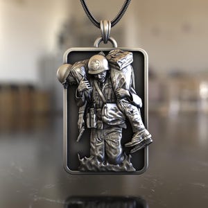 Heroic Soldier Rescue Dog Tag Necklace 925 Sterling Silver Military Tribute Pendant Honoring Bravery Courage Symbol Jewelry for Veterans