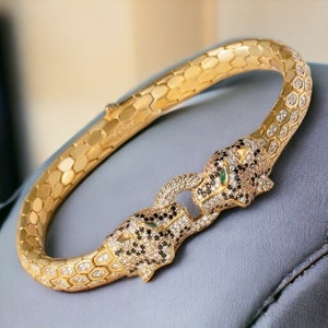 Unisex Gold Plated 925 Sterling Silver Bracelet, Panther Head & Python Design, CZ Diamonds Fashion Accessory Gift image 4