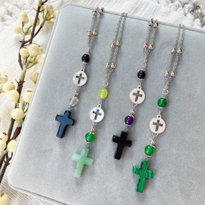 Natural Stone Cross Rear View Mirror Car Charm, Gemstone Beaded Cross Hanging Car Charm, Car Accessories, Aventurine, Malachite, Onyx