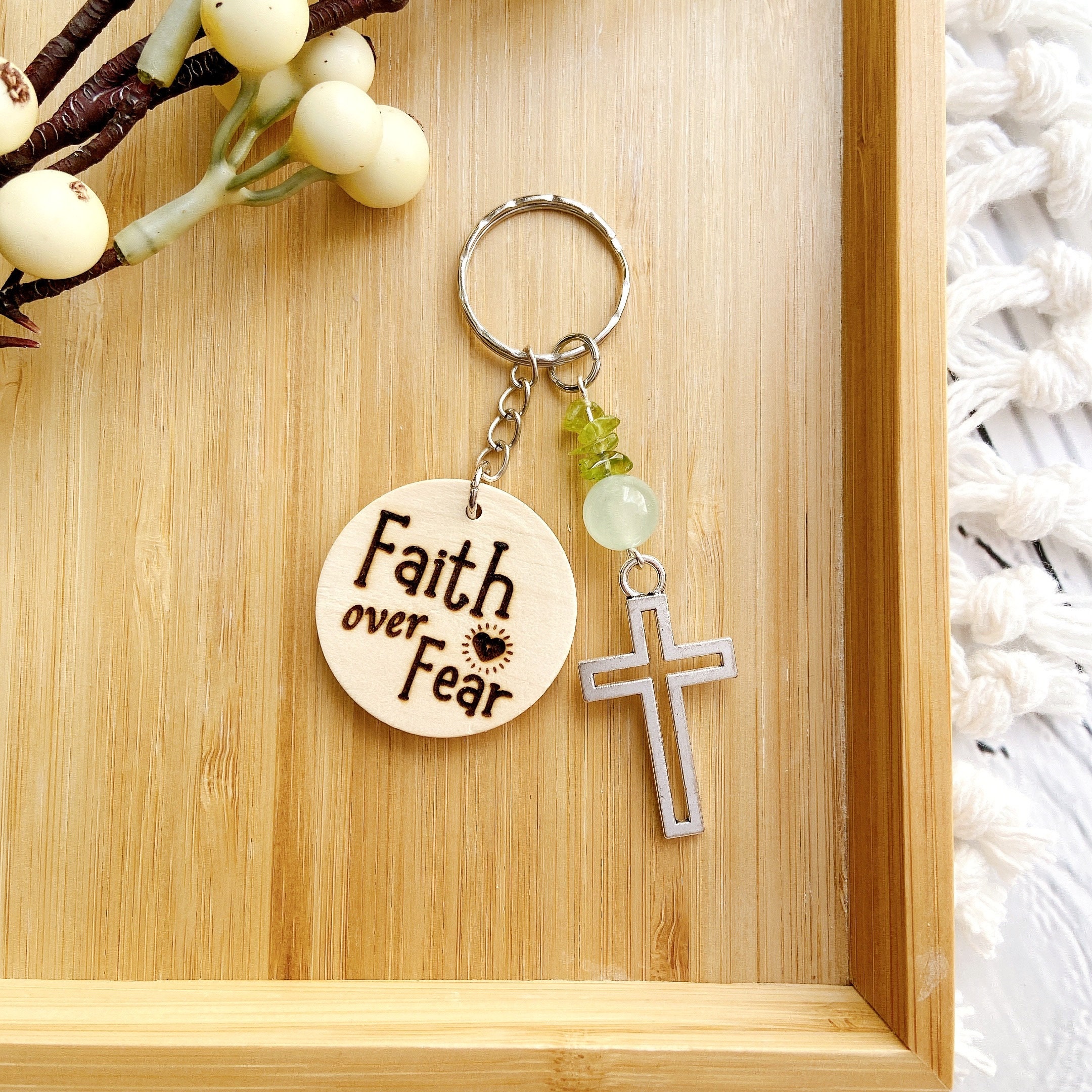Bible Verse Gemstone Cross Personalized Name Wooden Keyring, Christian ...