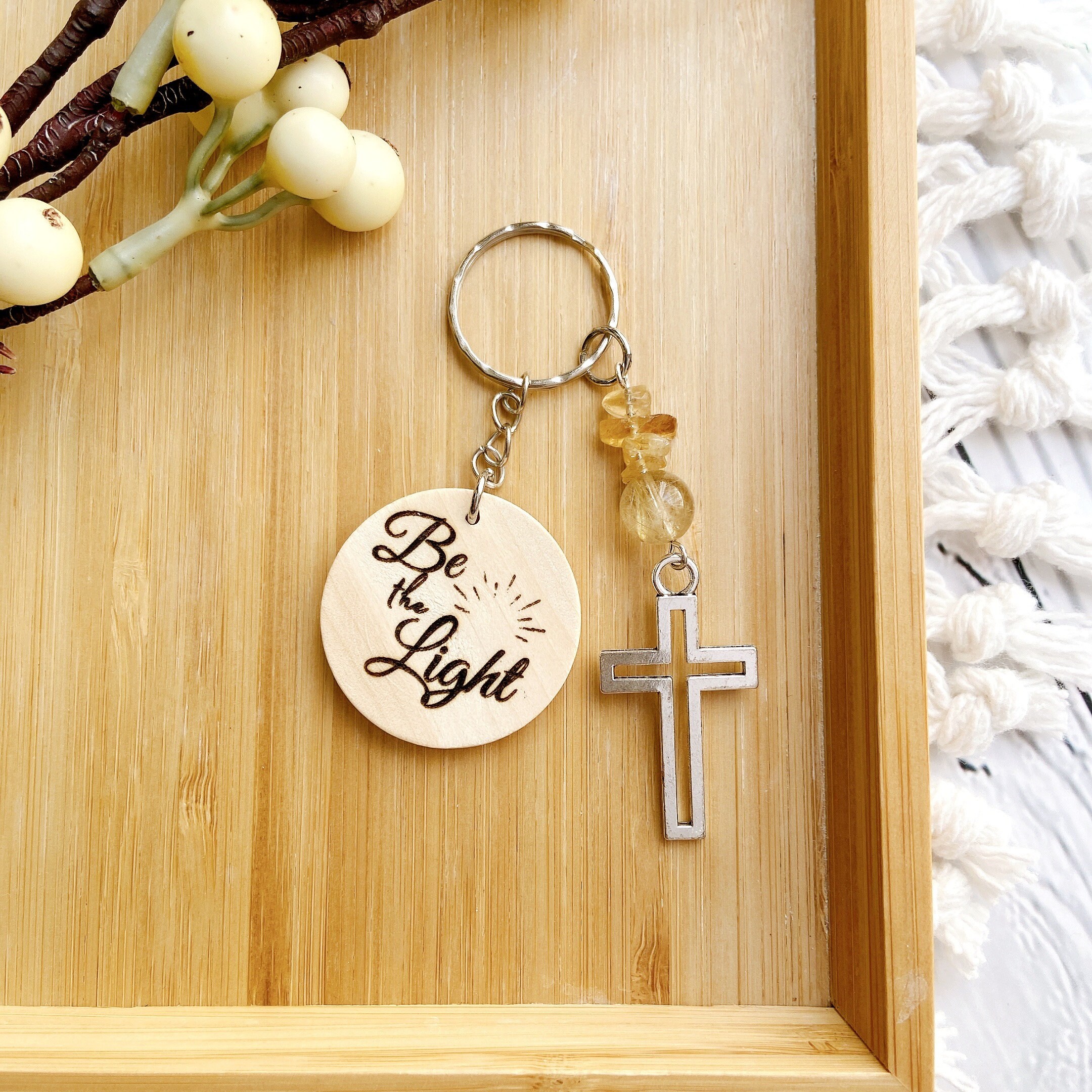 Bible Verse Gemstone Cross Personalized Name Wooden Keyring, Christian ...