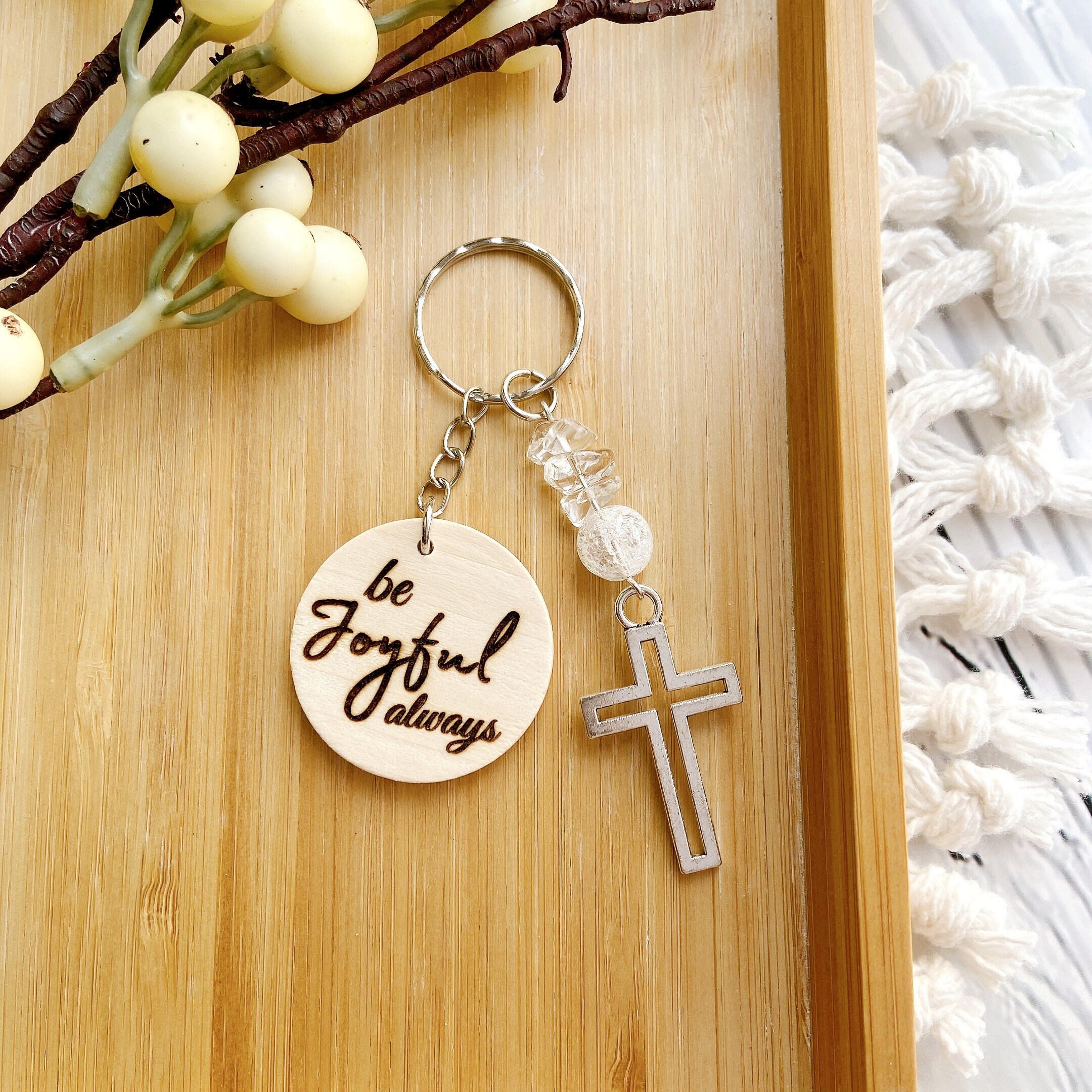 Bible Verse Gemstone Cross Personalized Name Wooden Keyring, Christian ...