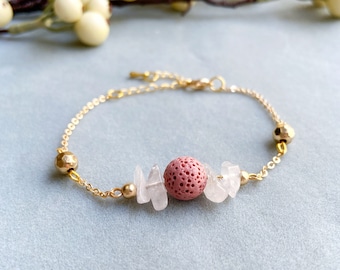 Rose Pink Quartz Gemstone and Lava Stone Wearable Essential Oils Diffuser Bracelet