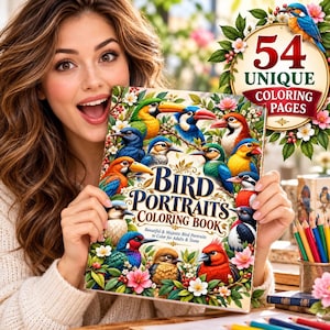 May include: A coloring book titled Bird Portraits Coloring Book featuring 54 unique coloring pages. The cover displays various colorful birds including toucans, cardinals, and blue jays surrounded by flowers and green leaves.