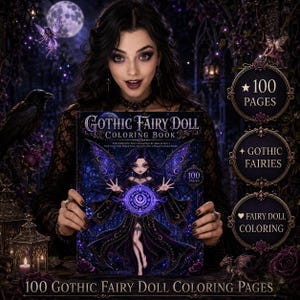 May include: A Gothic Fairy Doll coloring book featuring 100 pages of dark fantasy illustrations. The cover displays a fairy with purple wings holding a glowing magical orb, surrounded by text reading Gothic Fairy Doll Coloring Book.