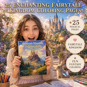 May include: A colouring book titled Fairytale Kingdom Colouring Book featuring a cover illustration of a castle on a hill. The book contains 25 pages and is presented with text overlays stating 25 Enchanting Fairytale Kingdom Colouring Pages.