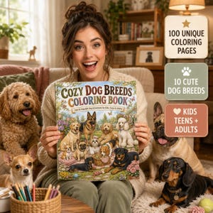 Op de afbeelding: Een kleurboek getiteld Cozy Dog Breeds Coloring Book met illustraties van verschillende hondenrassen. De kaft bevat tekst waaronder 100 Unique Coloring Pages, 10 Cute Dog Breeds en Kids Teens + Adults. Het boek wordt in een kamer vastgehouden.