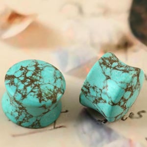 Organic Tibetan Turquoise stone plugs Double Flare Ear Plugs Handmade Gauges Size 3mm to 50mm & Custom Available (sold in pair)