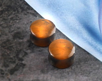 Natural Real Tiger Eye Gemstone Plugs Double - Flare Gauges Size 8g to 2 inch 3mm to 50mm (sold in pair)