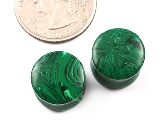 Green malachite Organic Stone Plugs  Double Flares Plugs  Size: 8g  - 2 Inch , 3mm to 50mm ( sold in Pair)