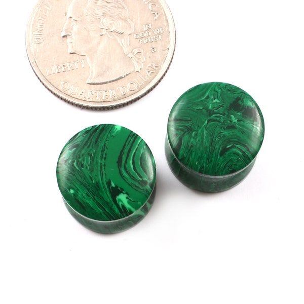 Green malachite Organic Stone Plugs  Double Flares Plugs  Size: 8g  - 2 Inch , 3mm to 50mm ( sold in Pair)