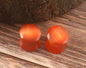 Orange Cat Eye Stone Plug Double -Flare Cats Eye Fire Plugs Gauges Size 8g to 2 Inch ( 3mm to 50mm ) Sold in pair