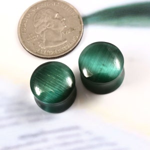 Könnte beinhalten: Zwei grüne Katzenaugen-Stöpsel, einer auf dem anderen, auf einer weißen Oberfläche. Die Stöpsel sind rund und haben eine glänzende Oberfläche.
