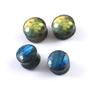 Tappi per le orecchie in labradorite naturale a taglio sfaccettato, doppia svasatura, (coppia), misura da 6 g a 2/POLLICI, da 4 mm a 50 mm (venduti in coppia)