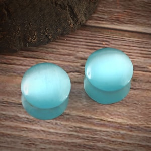 Sky blue Cat Eye Stone Plug ,Double- Flare  Handmade Gauges Size : 8g to 2 Inch ( 3mm to 50mm) Sold in pair