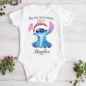 DISNEY STITCH Personalised Baby Vest - Christmas Cute Sleepsuit - Disney Personalised Baby Clothing - Disney Stitch 1st Christmas Baby Vest